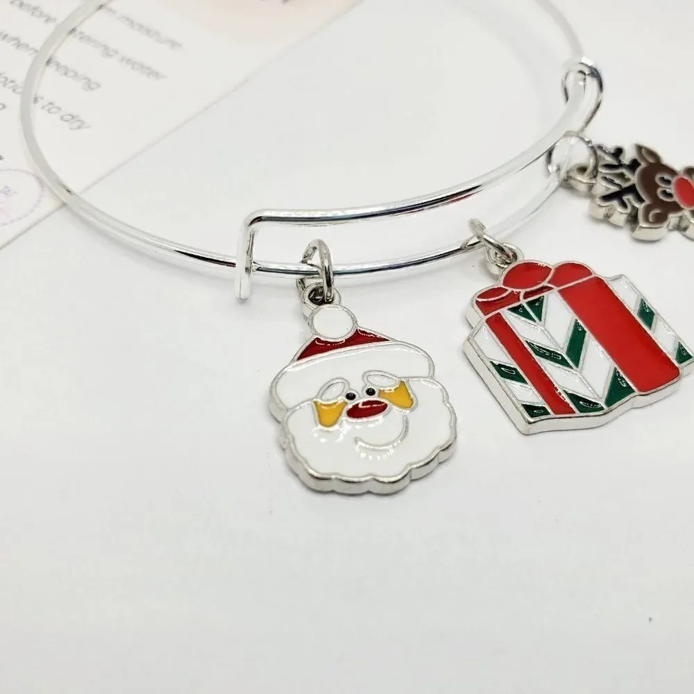 Christmas Santa, Present, and Reindeer Charm Bracelet, Silver Adjustable Jewelry